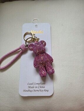 Pink Crystal Teddy Bear Bag Charm Keychain